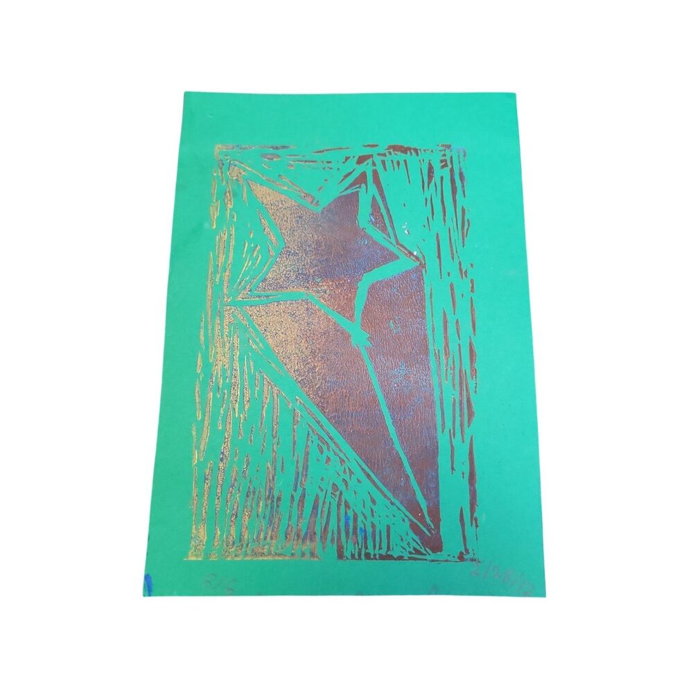 Abstract Star Linocut Print Limited Edition 5/6 Green Bronze Purple Art 2012